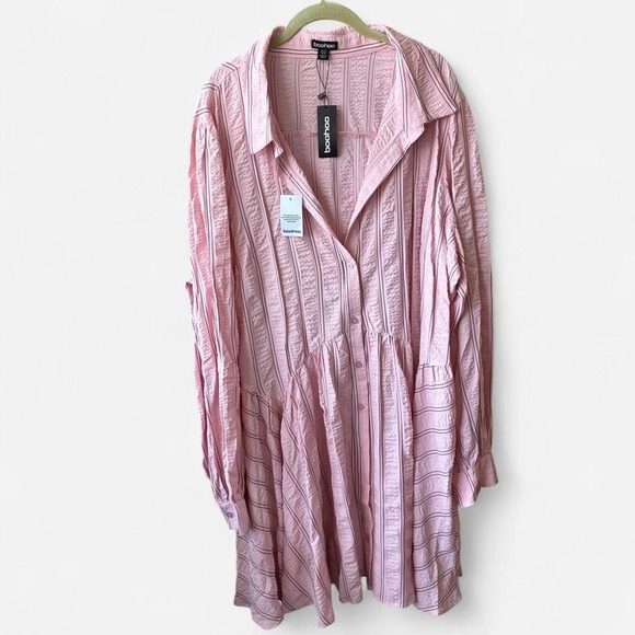 Boohoo Dresses & Skirts - NWT Boohoo pink & black striped bias cut flattering shirt dress Sz 22 Fairycore